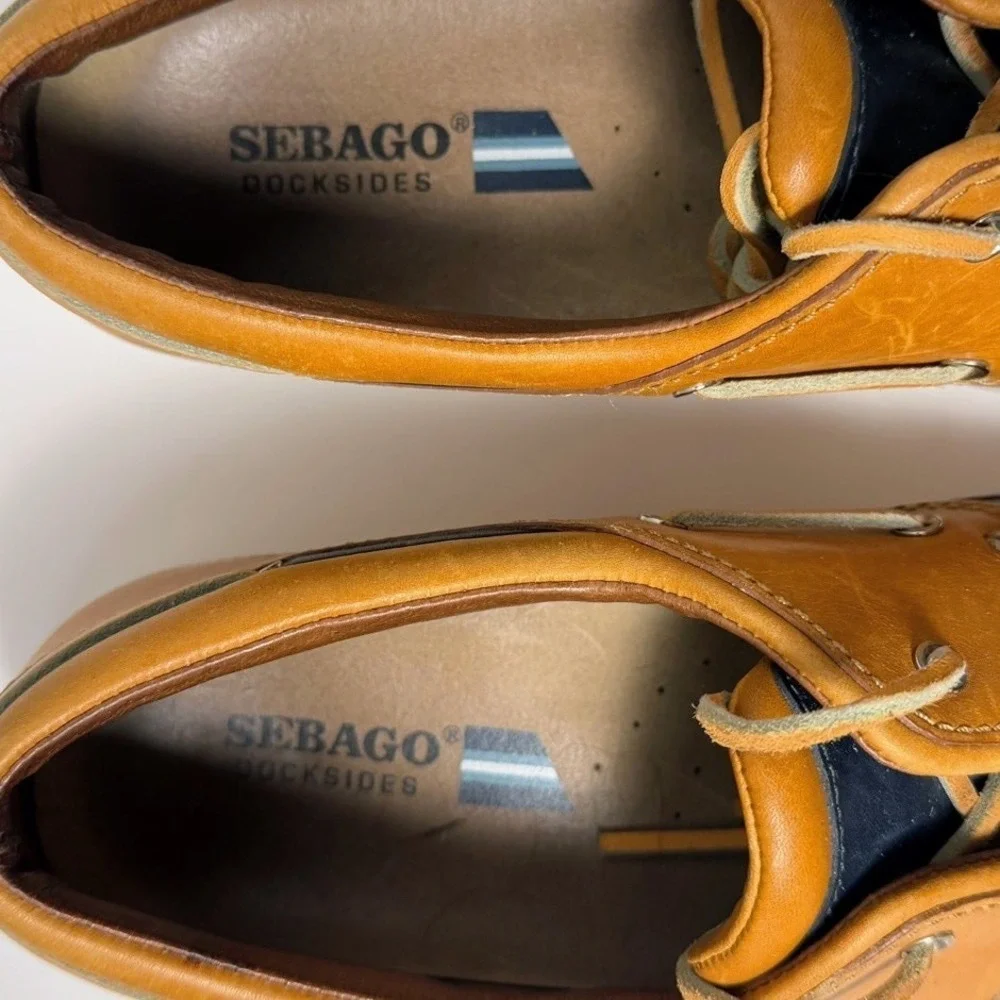 Sebago Dockside Boat Shoes Womens 10 Navy Tan Leather Preppy Nautical Old Money